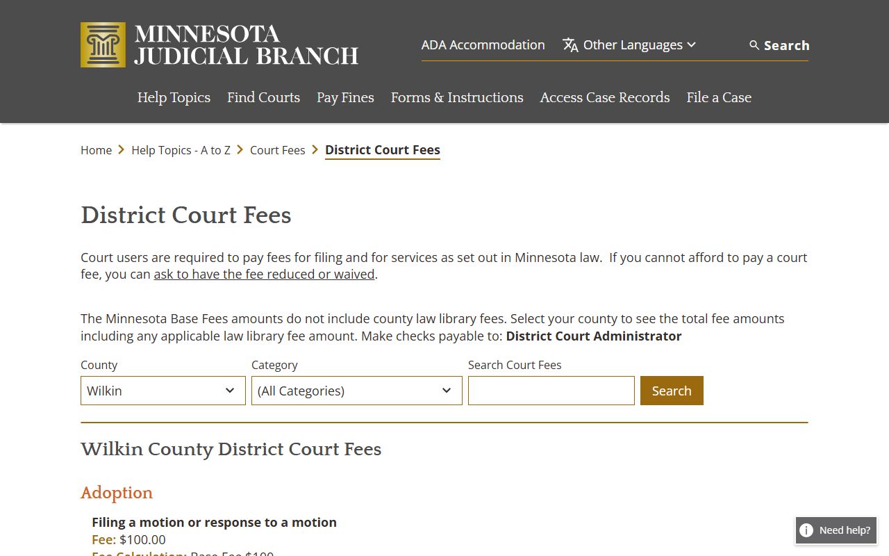 Wilkin District Court fee schedule