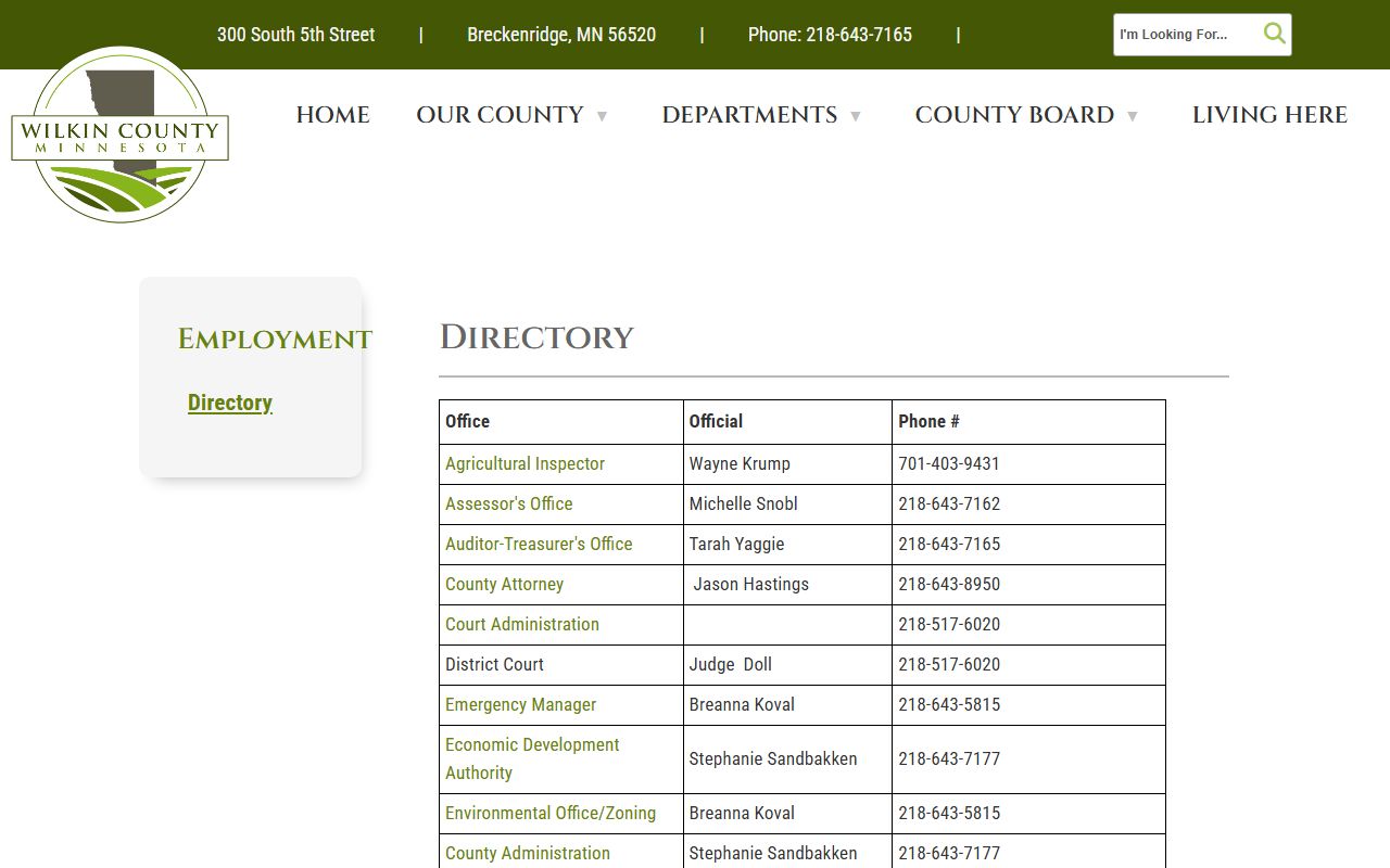 Wilkin County official directory