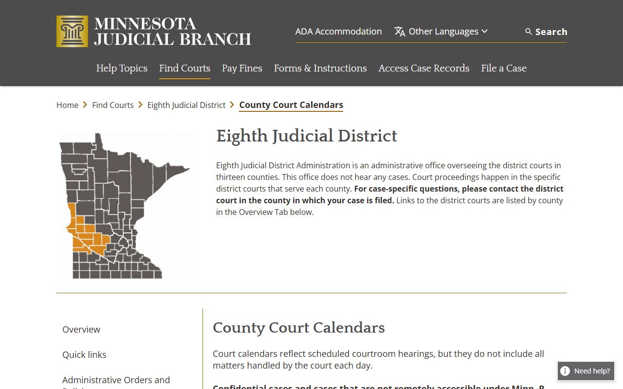 Wilkin County court docket Eighth District county calendars page