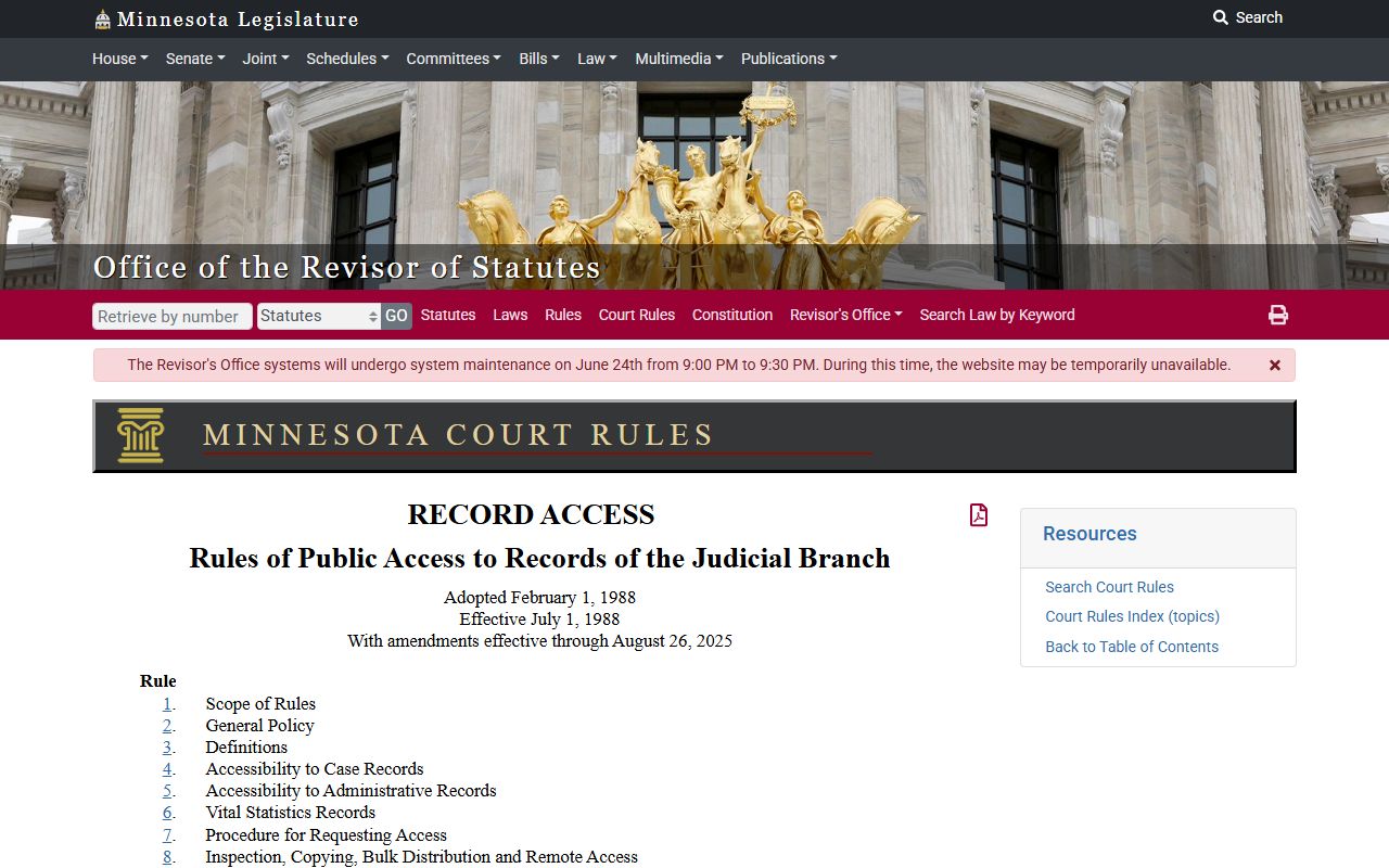 Wilkin County court records Minnesota Rules of Public Access table of contents