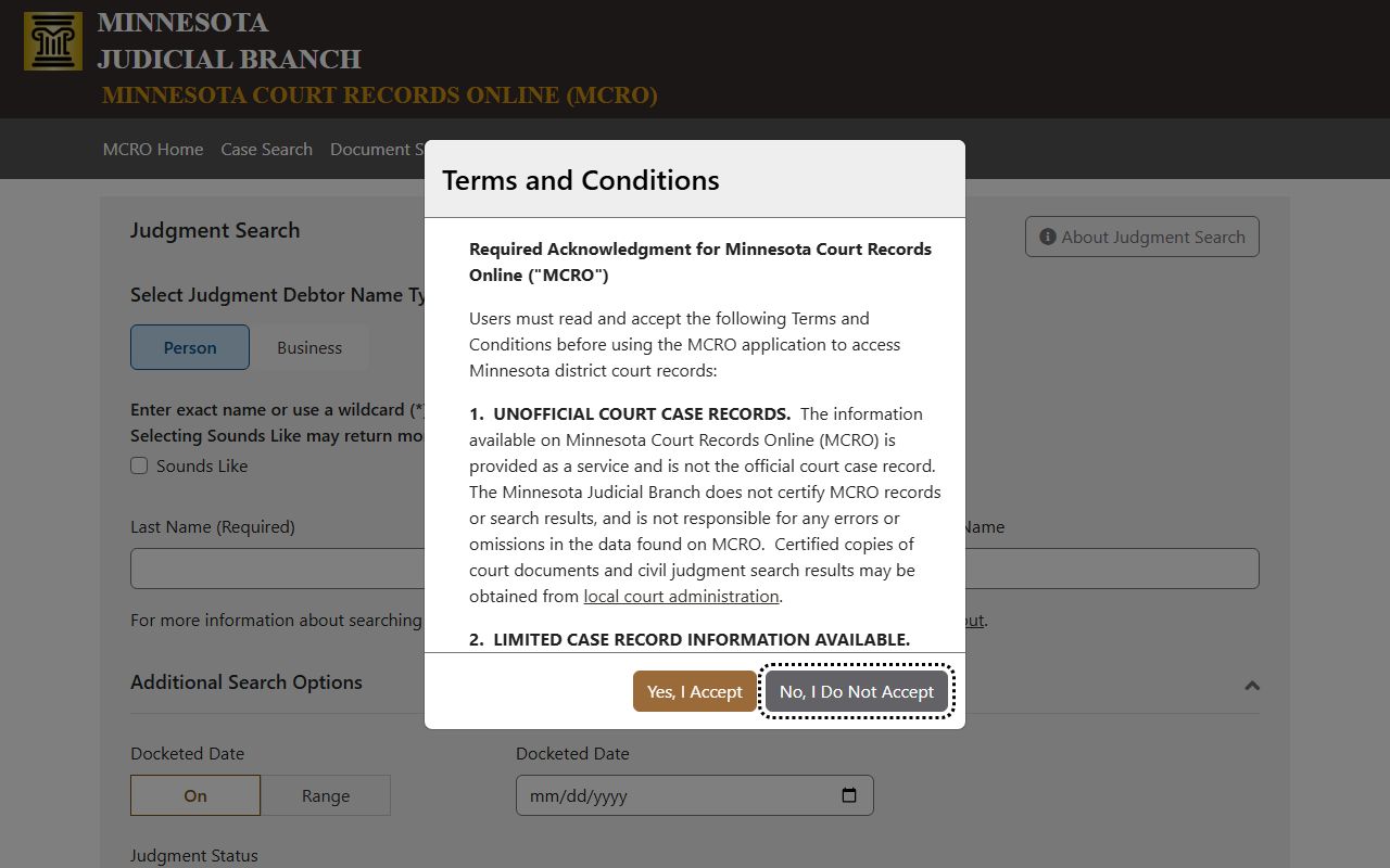 Wilkin County court records MCRO Judgment Search interface