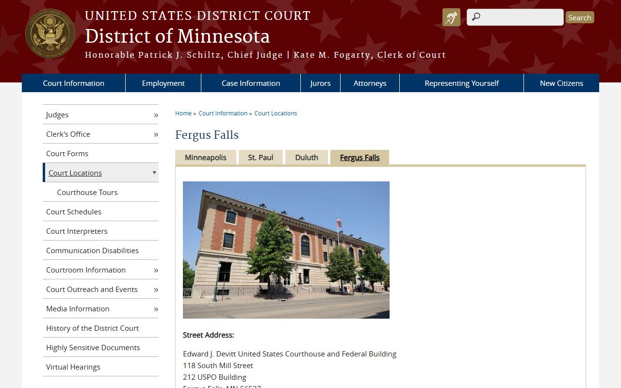 District of Minnesota Fergus Falls federal courthouse page