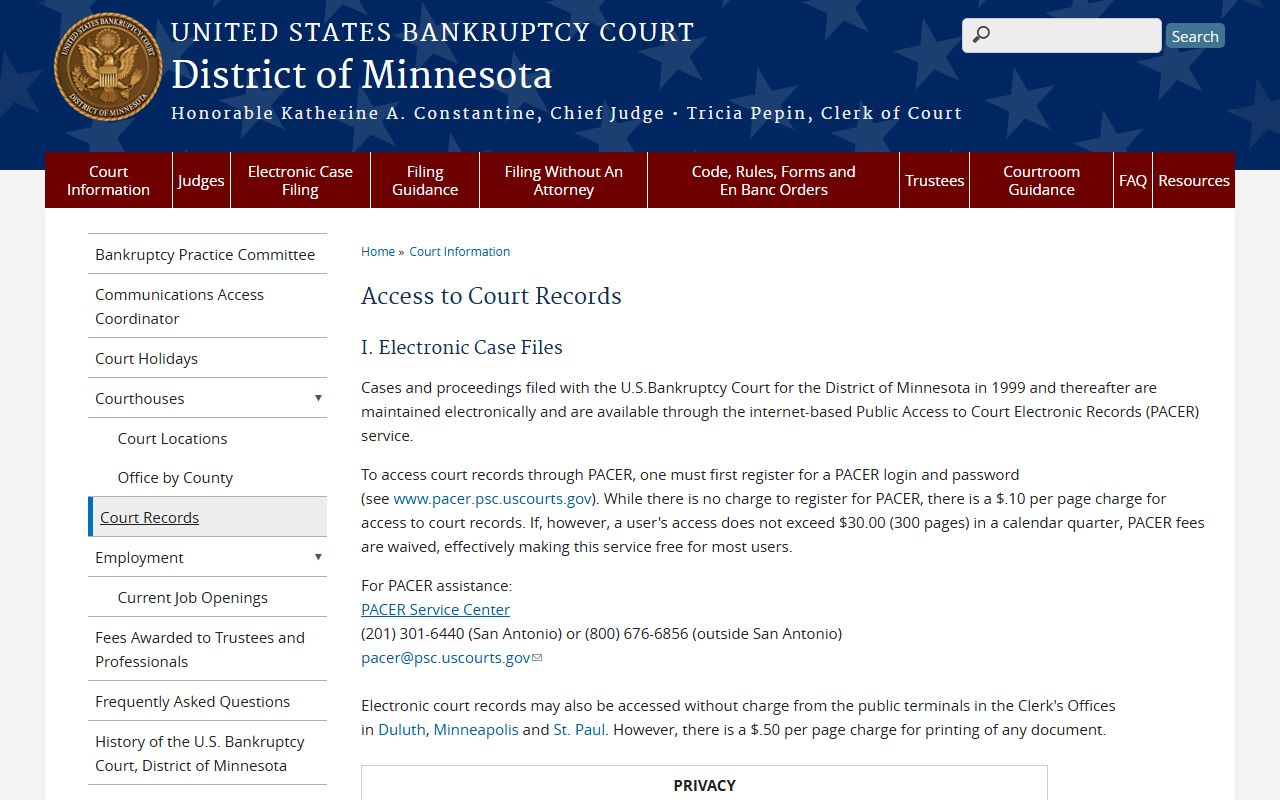 U.S. Bankruptcy Court records access page