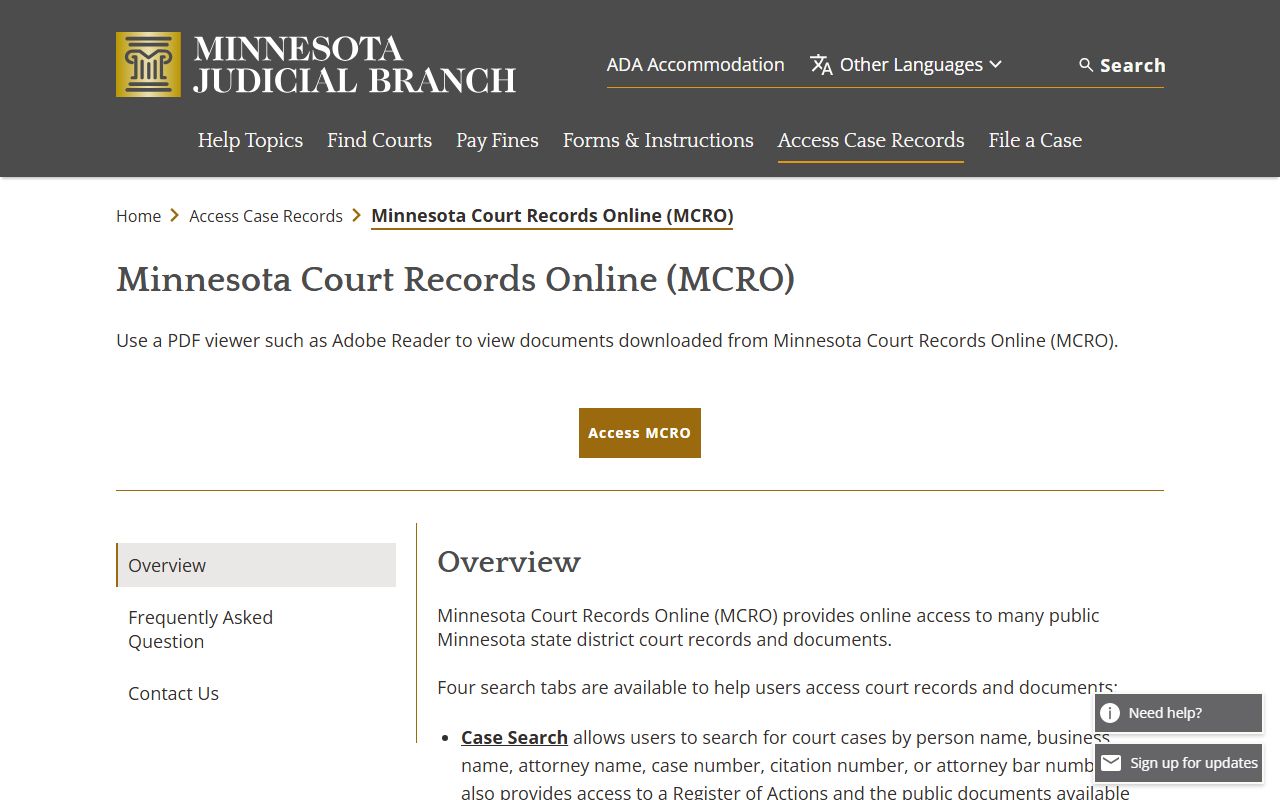 Minnesota Court Records Online overview page