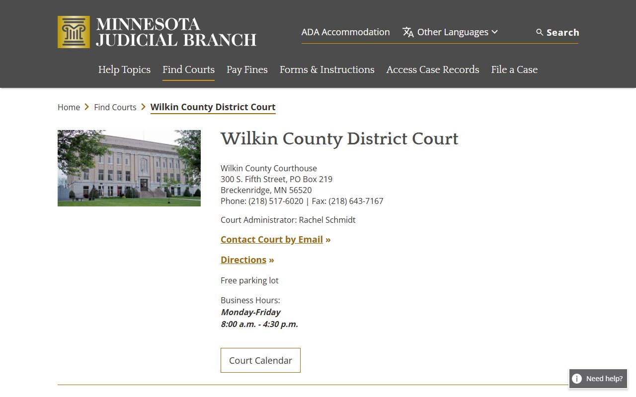 Minnesota Judicial Branch Wilkin County District Court page