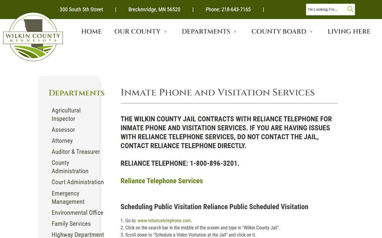 Wilkin County inmate phone and visitation instructions