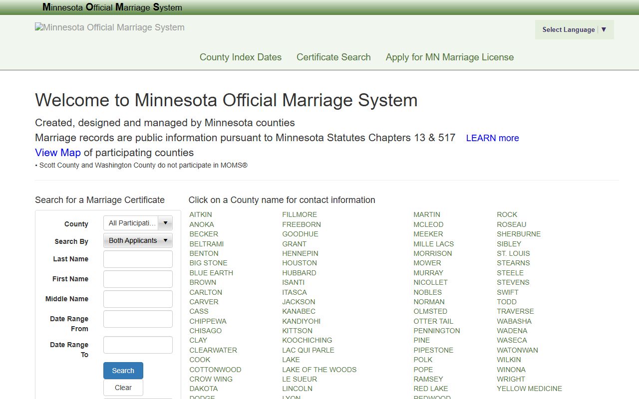 Minnesota Official Marriage System homepage