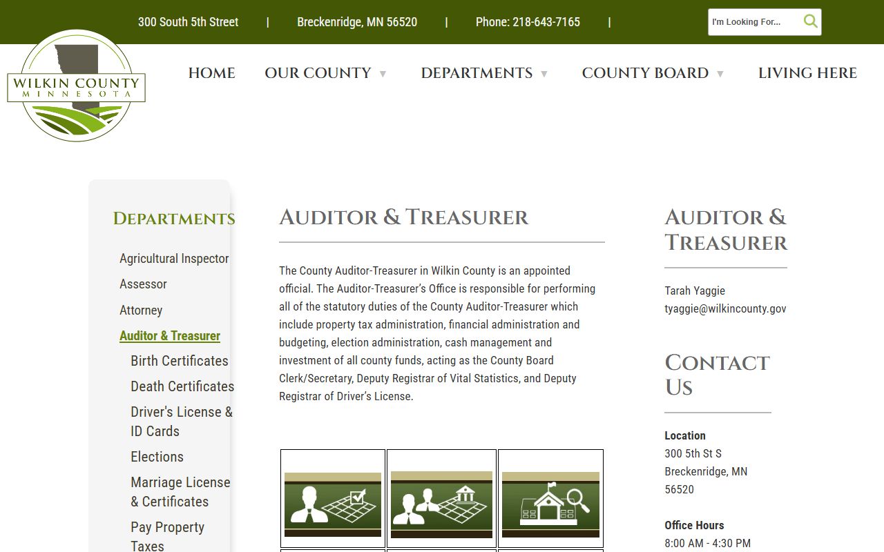 Wilkin County Auditor-Treasurer page for marriage and vital records