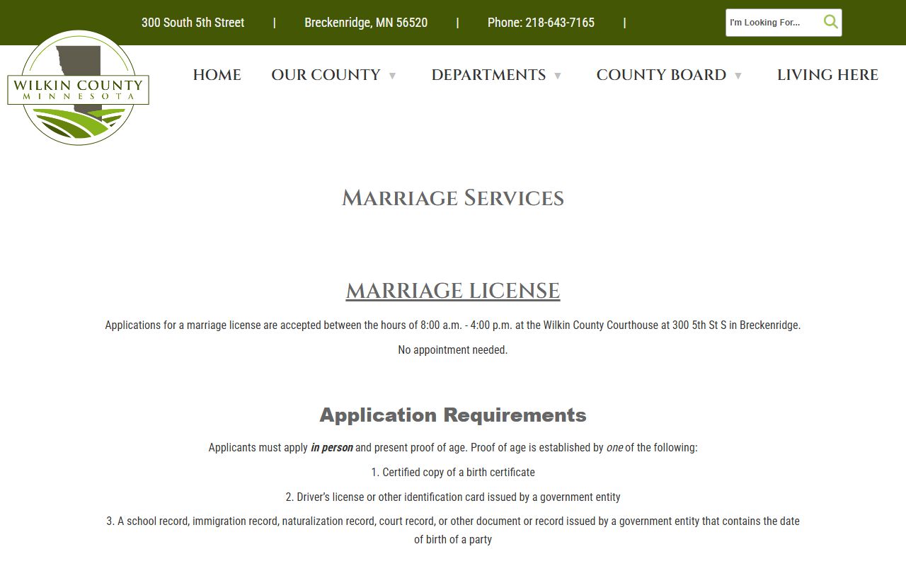 Wilkin County marriage license rules and fee page