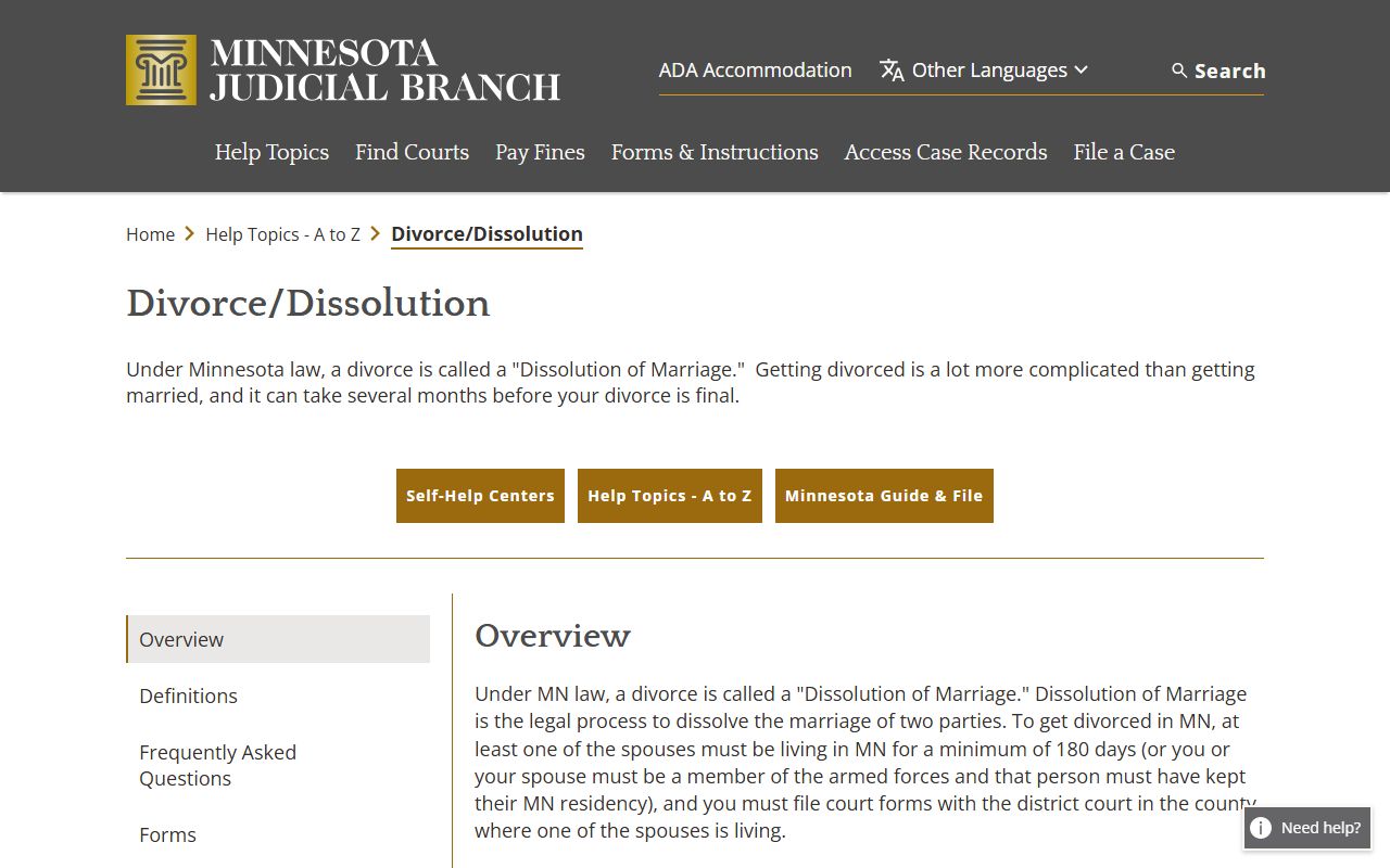 Minnesota Judicial Branch divorce help page