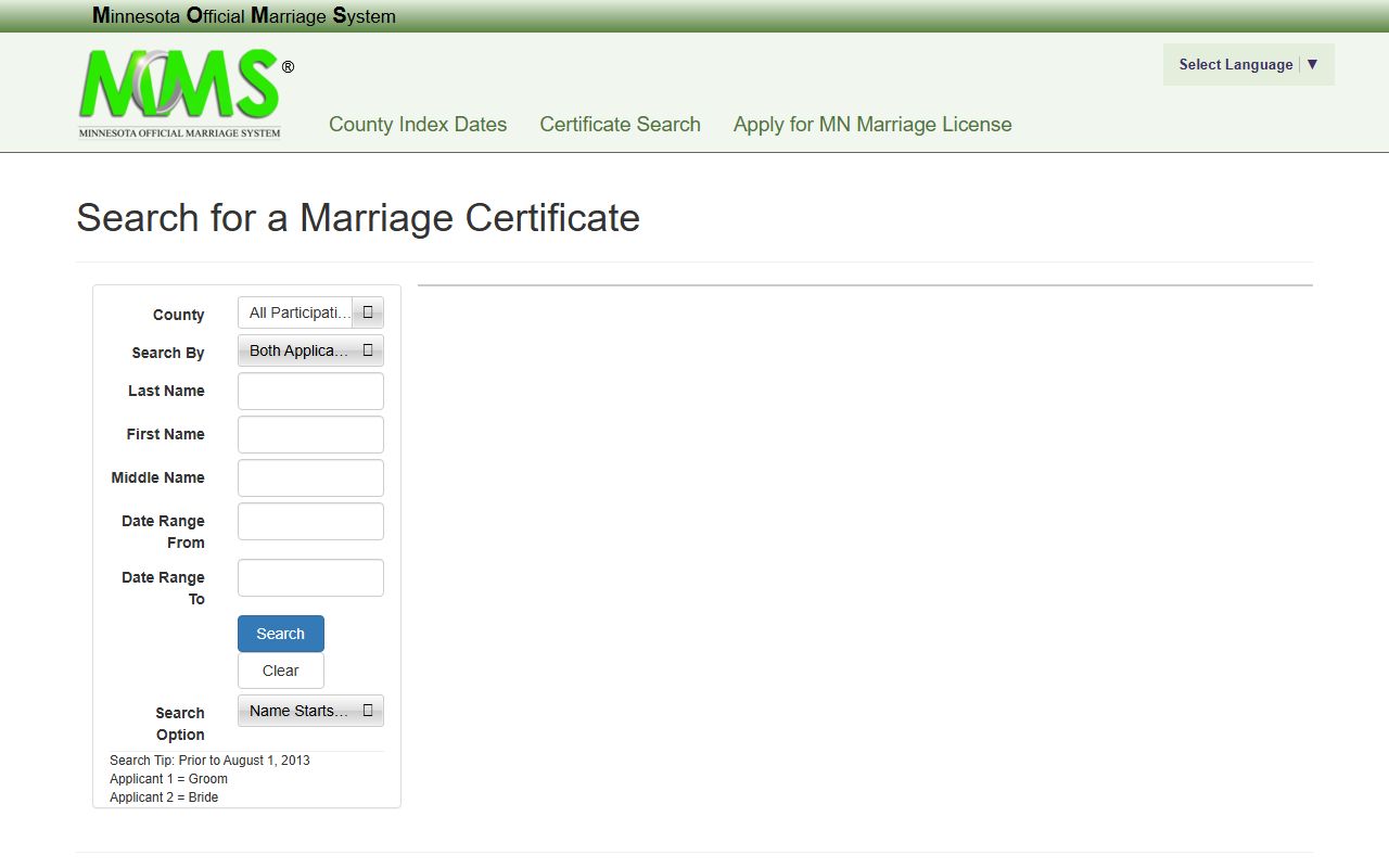 Minnesota Official Marriage System search for Wilkin County marriage records