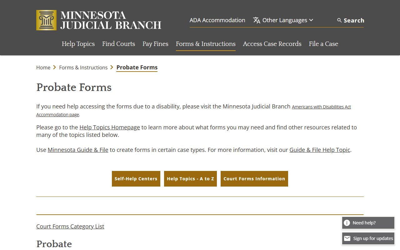Minnesota probate forms page