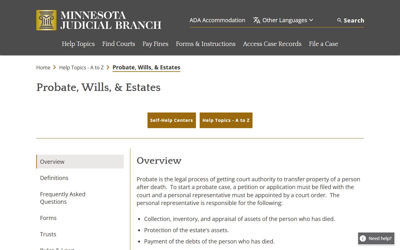 Minnesota Judicial Branch probate and wills help page