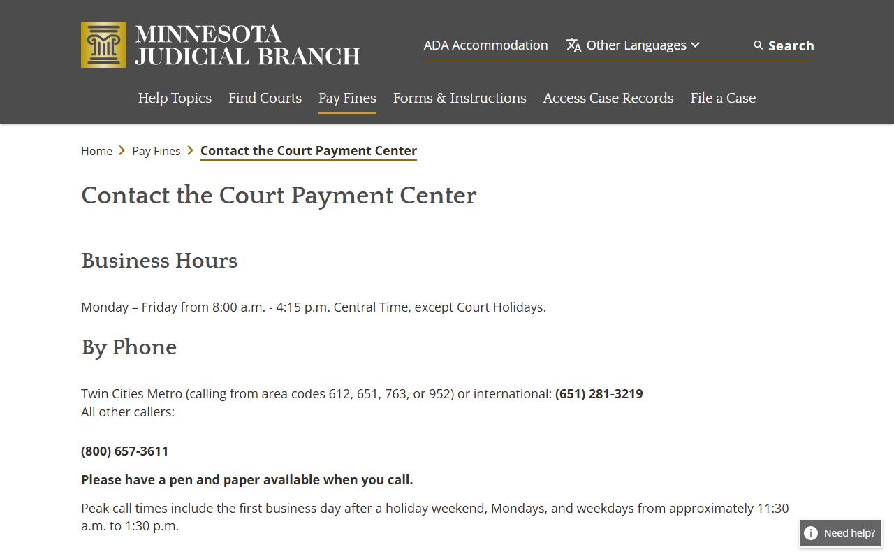 Minnesota Court Payment Center contact page