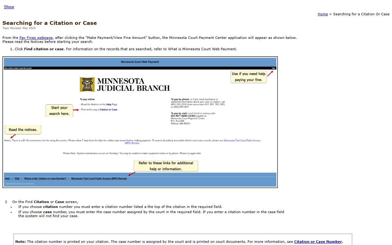Minnesota Court Web Pay citation search help