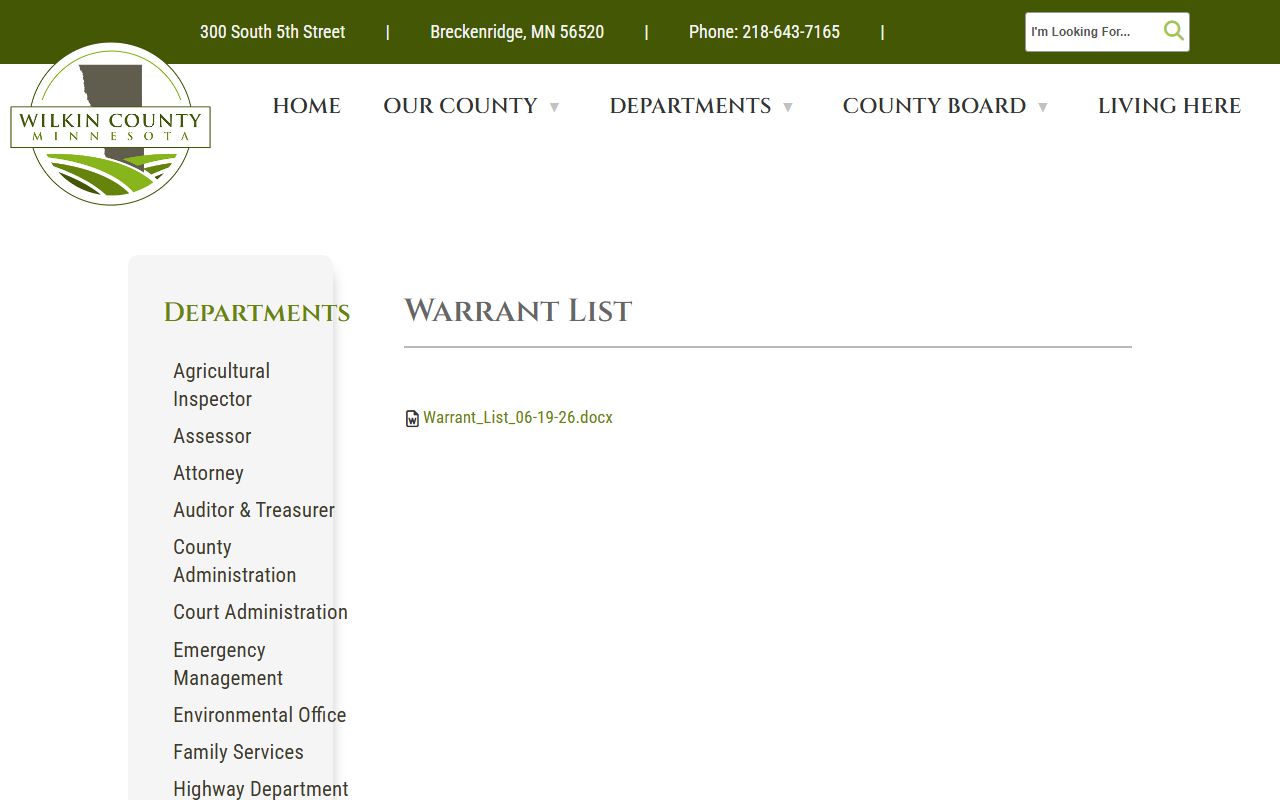 Wilkin County warrant list page